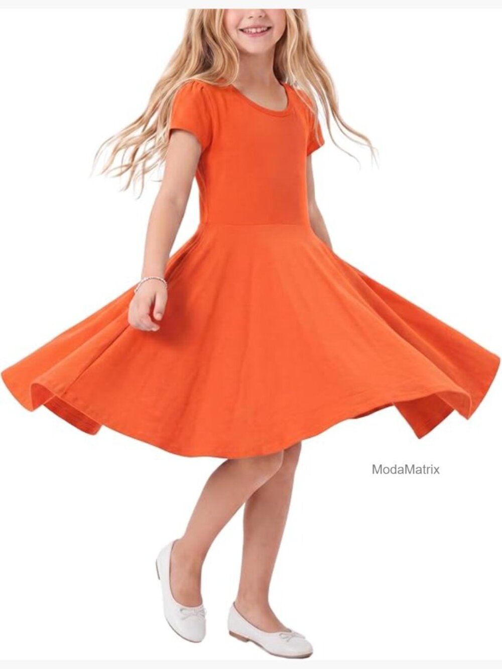 Girls Short Puff Sleeve Skater Dress with Pockets Cotton Blend